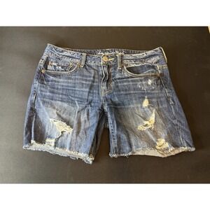 American Eagle 90s Bermuda Distressed Denim Shorts Sz 4 Y2K Raw Hem/6" Seam